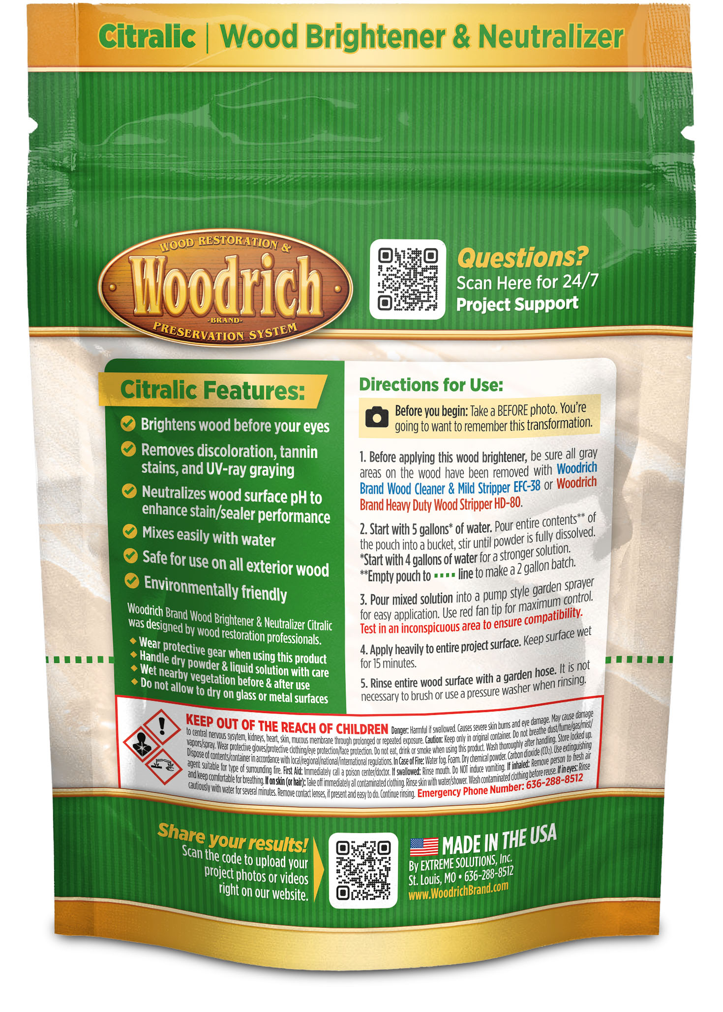 Woodrich Brand Citralic Wood Brightener and Neutralizer Concentrated Powder - 2 lbs (Covers 750 sq ft) - Image 2