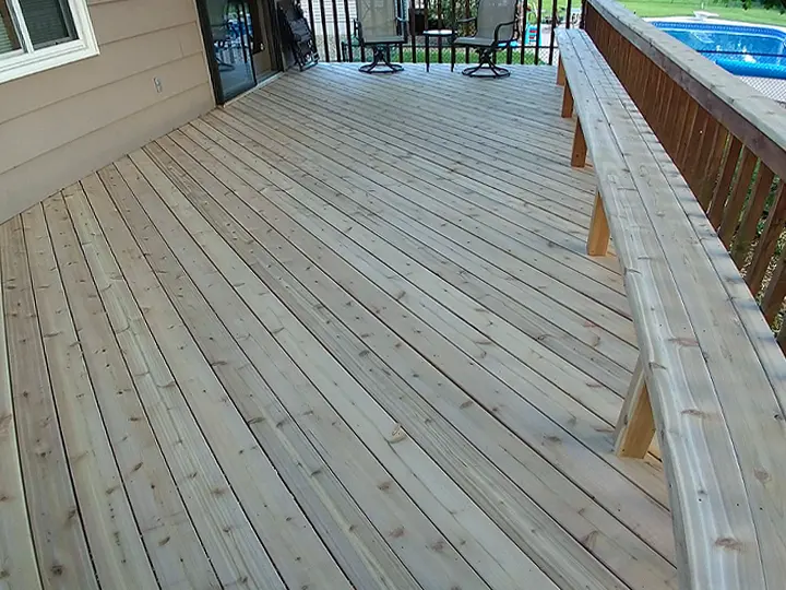 A before image of a new cedar or pine deck without Woodrich Brand Timber Oil deck stain applied to it showing bare, unfinished and unprotected wood deck surface.