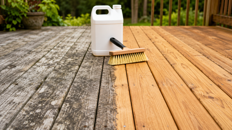 Weathered gray wood deck beside freshly cleaned natural wood, with a deck brush and cleaner container.