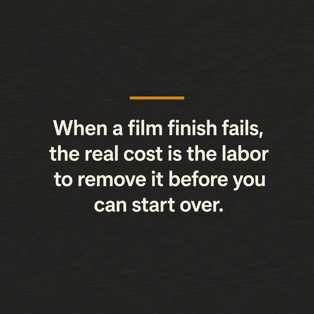 Graphic explaining that a failed film-forming wood finish must be removed before the surface can be refinished.