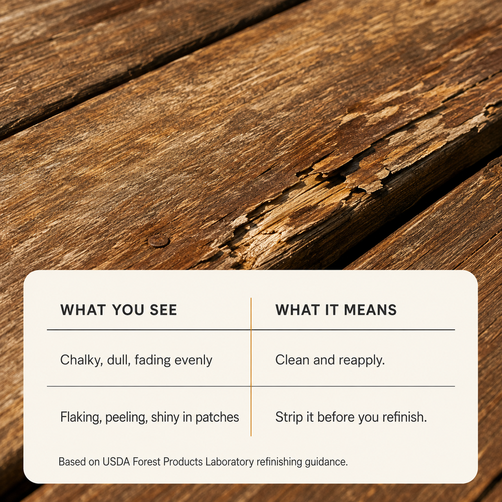 Weathered wood deck with a guide explaining when an old finish can be cleaned and reapplied or should be stripped before refinishing.