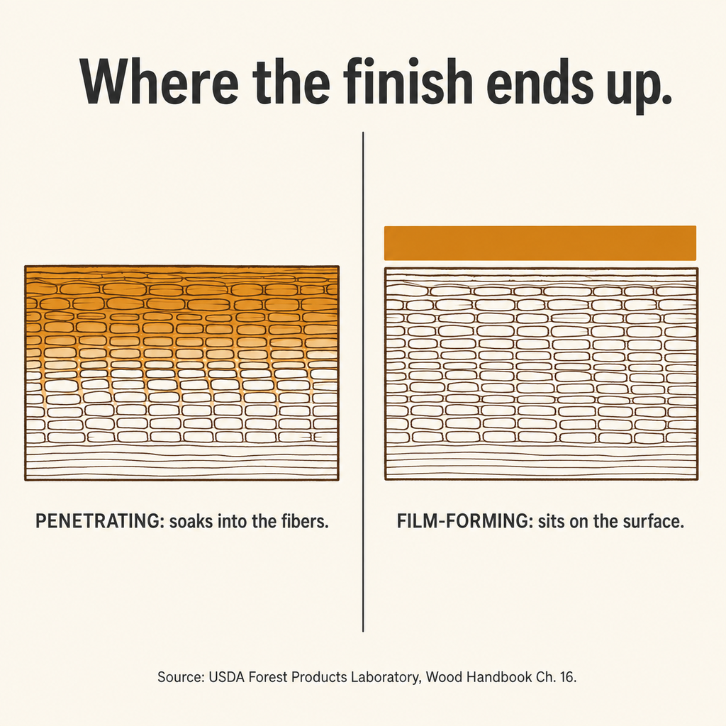 Diagram comparing a penetrating wood finish that soaks into wood fibers with a film-forming finish that sits on the surface.