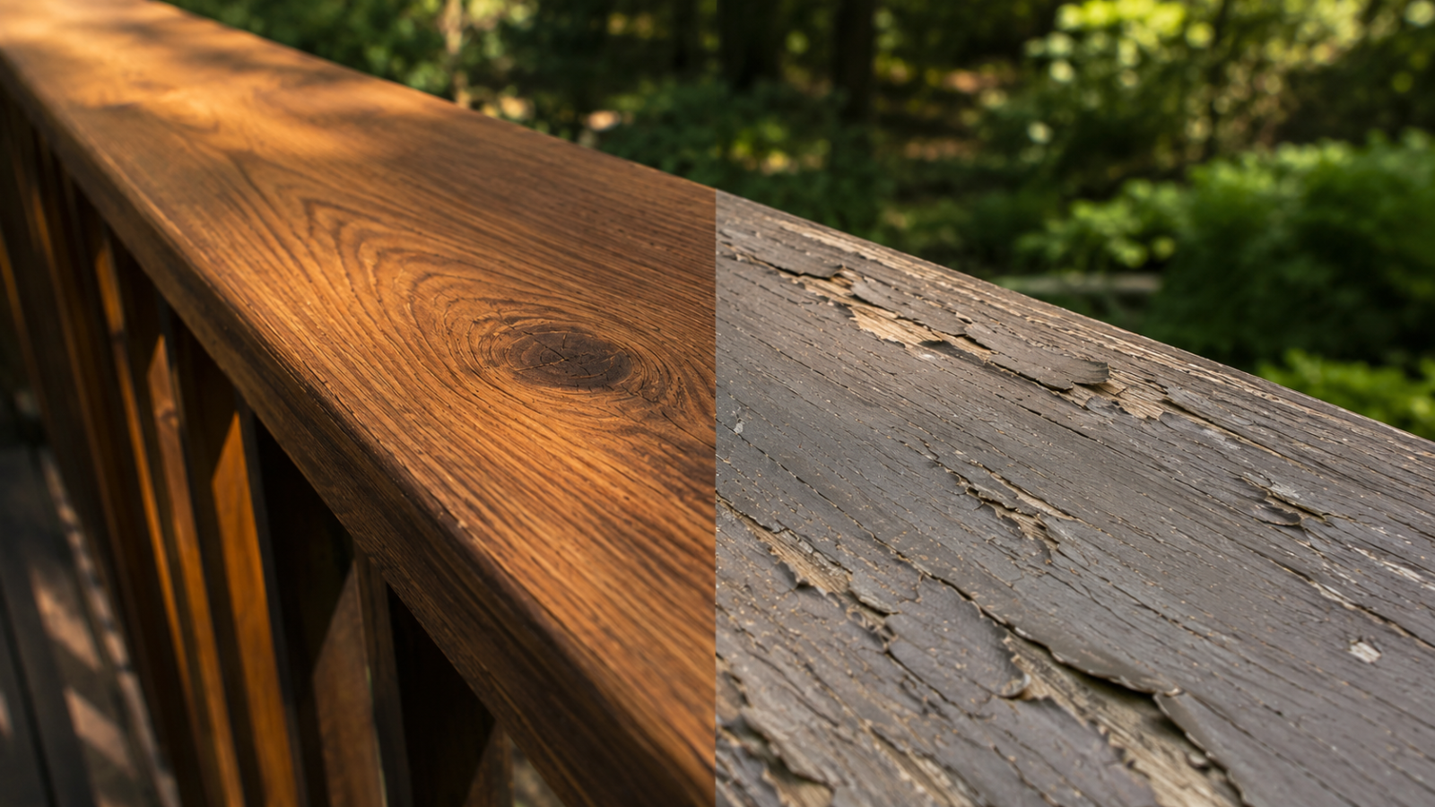 Close-up comparison of a penetrating oil-based deck stain beside a cracked and peeling film-forming wood stain.