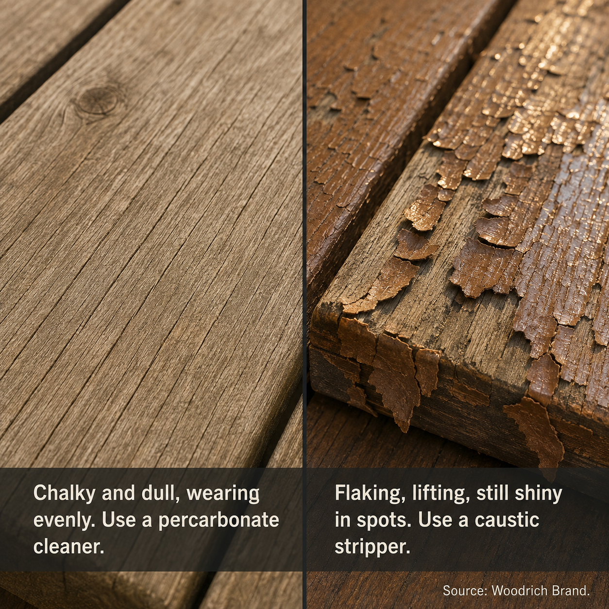 Comparison of weathered wood needing a percarbonate cleaner versus flaking wood finish requiring a caustic stripper.