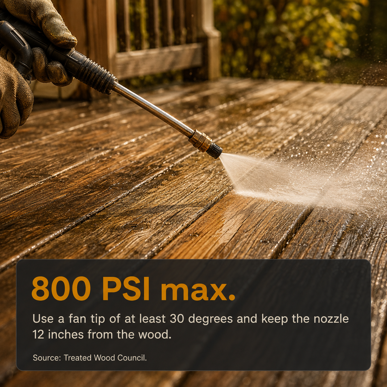 Pressure washing a wood deck at a maximum of 800 PSI using a wide fan tip and safe nozzle distance.