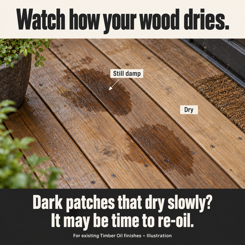 Illustration of dark, damp patches beside dry deck boards, showing a sign that an existing Timber Oil finish may need re-oiling.