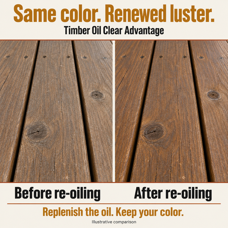 Illustrative comparison of deck boards before and after re-oiling with Clear Advantage, showing renewed luster while retaining their color.