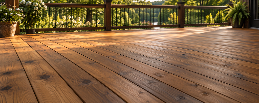 Warm brown timber deck with visible wood grain and a natural satin finish, surrounded by garden greenery.