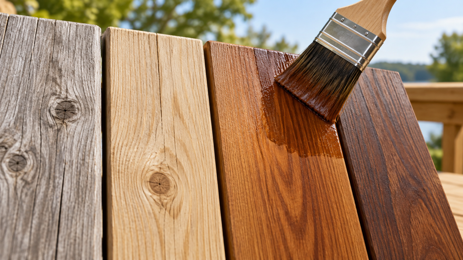 Close-up of exterior wood boards in different conditions and stain colors, with a brush applying brown wood stain.