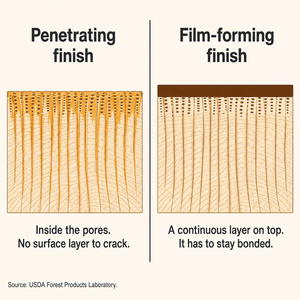 Diagram comparing penetrating wood finish absorbed into pores with film-forming finish that creates a surface layer.