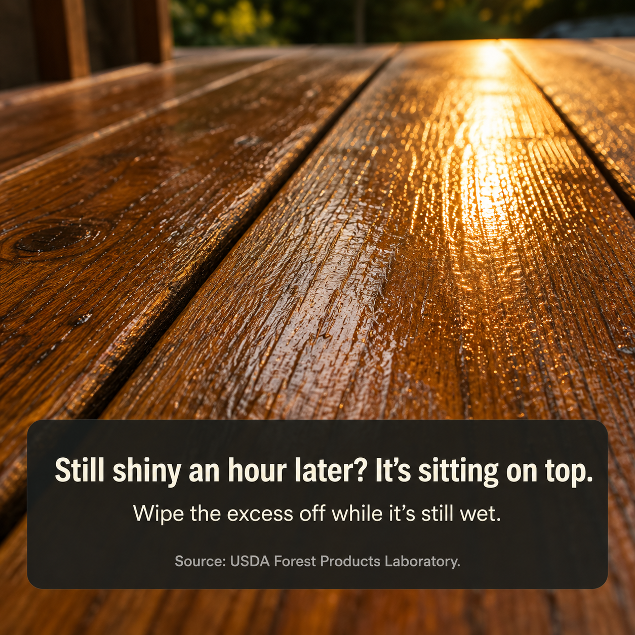 Wet wood deck with excess stain remaining shiny on the surface and needing to be wiped away.