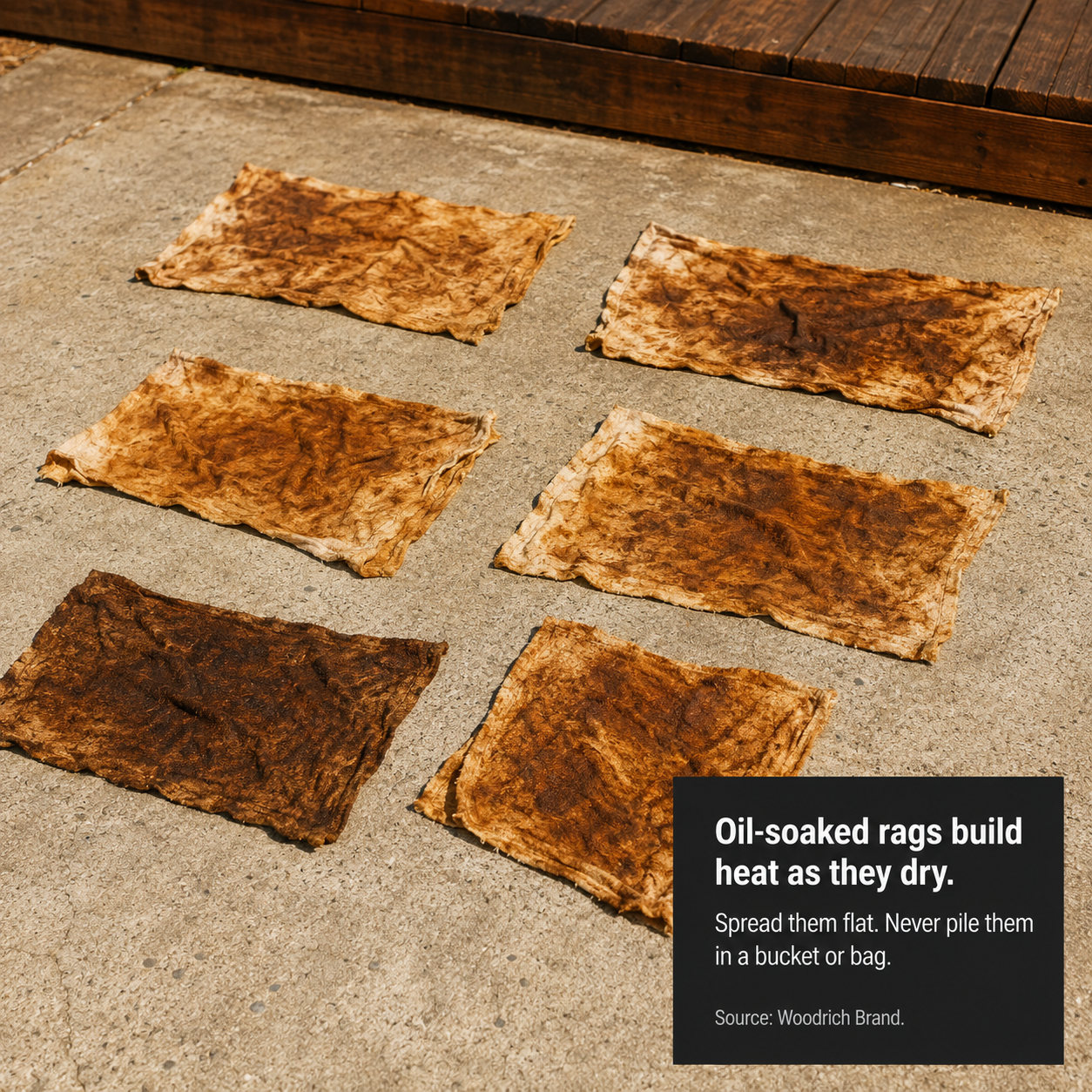 Oil-soaked staining rags spread flat on concrete to dry safely and prevent heat buildup.