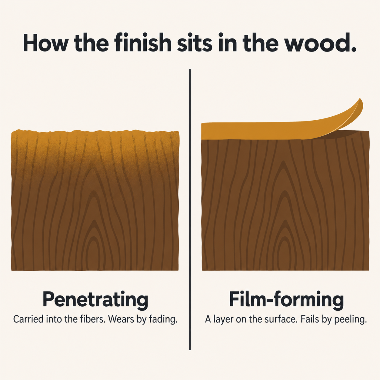 Cross-section comparison showing penetrating wood finish soaking into fibers versus film-forming finish sitting on the surface and peeling.