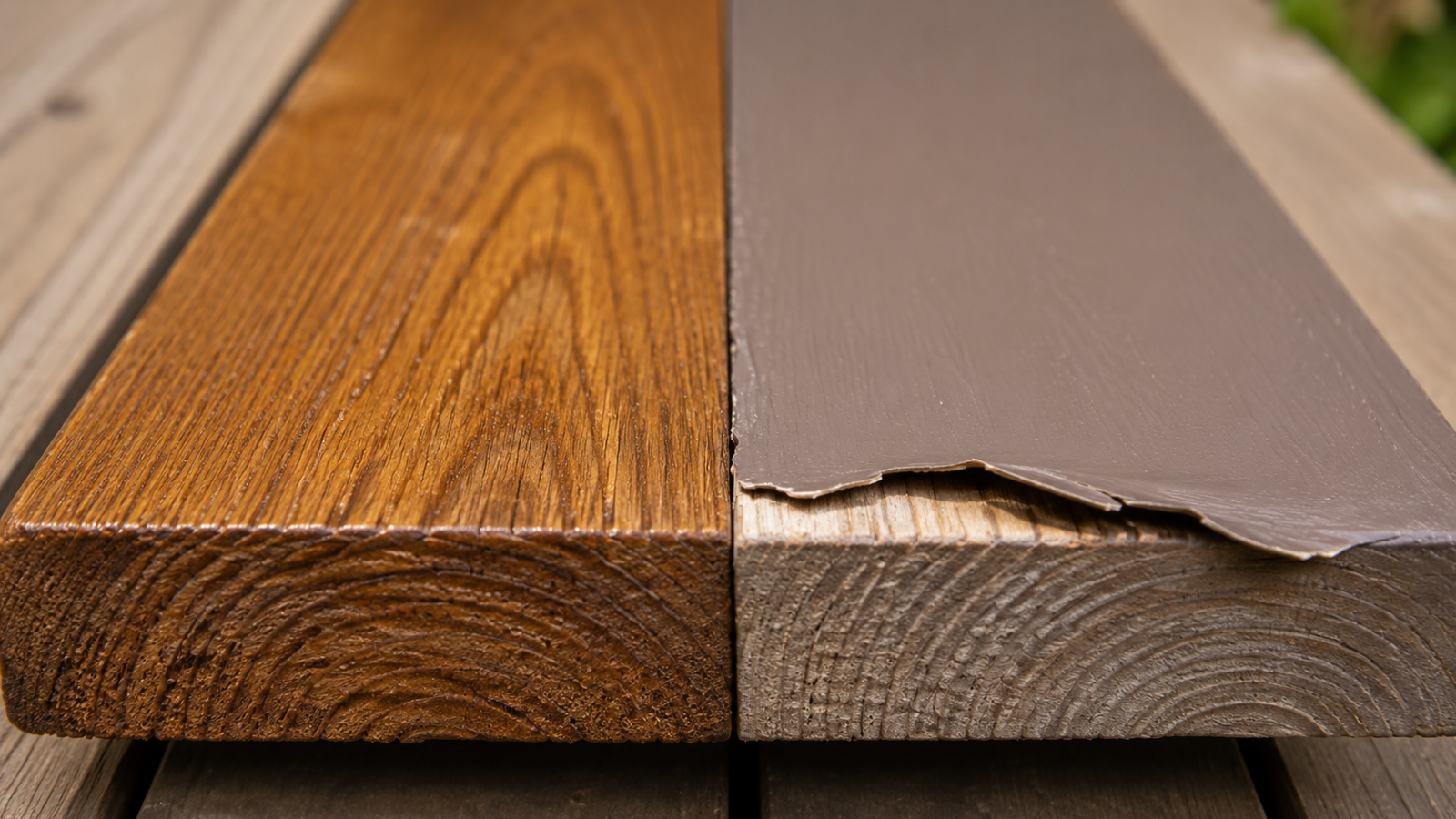 Close-up comparison of a penetrating oil-stained deck board beside a film-forming deck stain that is peeling from the wood.