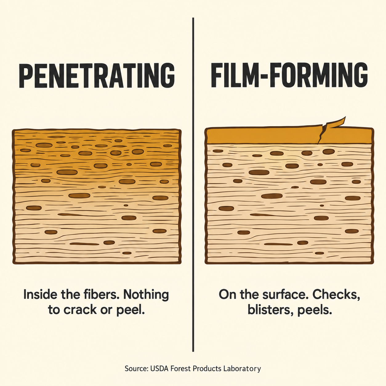Diagram comparing penetrating wood stain absorbed into wood fibers with film-forming stain sitting on the surface.