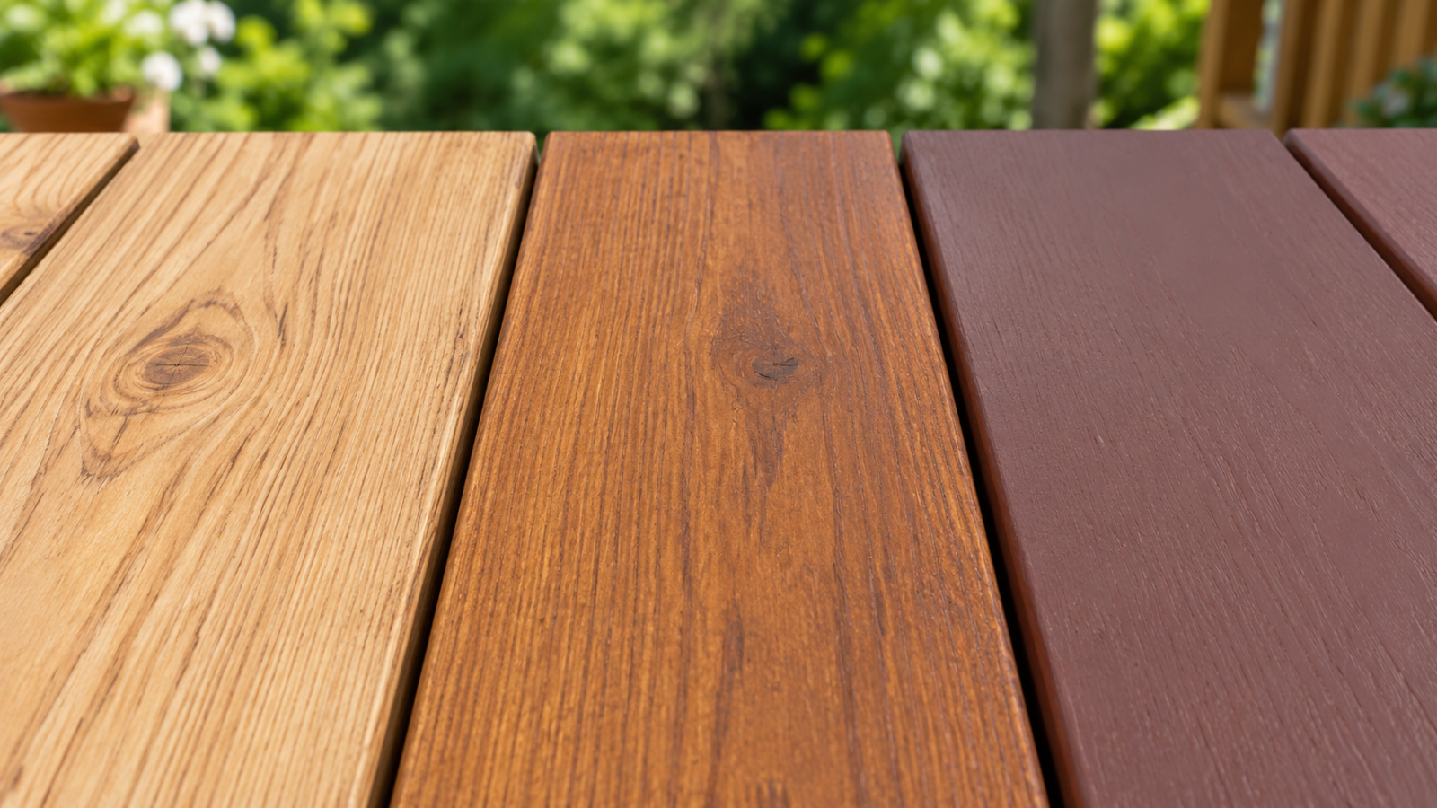 Close-up comparison of three deck boards showing transparent, semi-transparent, and solid wood stain finishes.