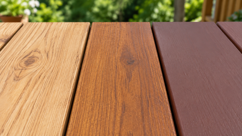Close-up comparison of three deck boards showing transparent, semi-transparent, and solid wood stain finishes.