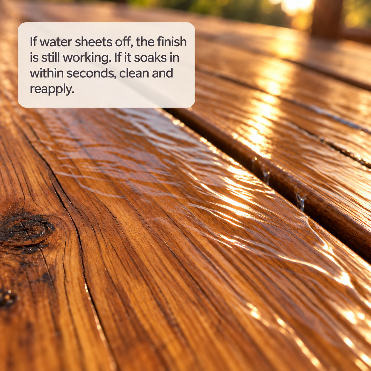 Water sheeting off stained wood deck boards in warm sunlight, with the caption: "If water sheets off, the finish is still working. If it soaks in within seconds, clean and reapply."