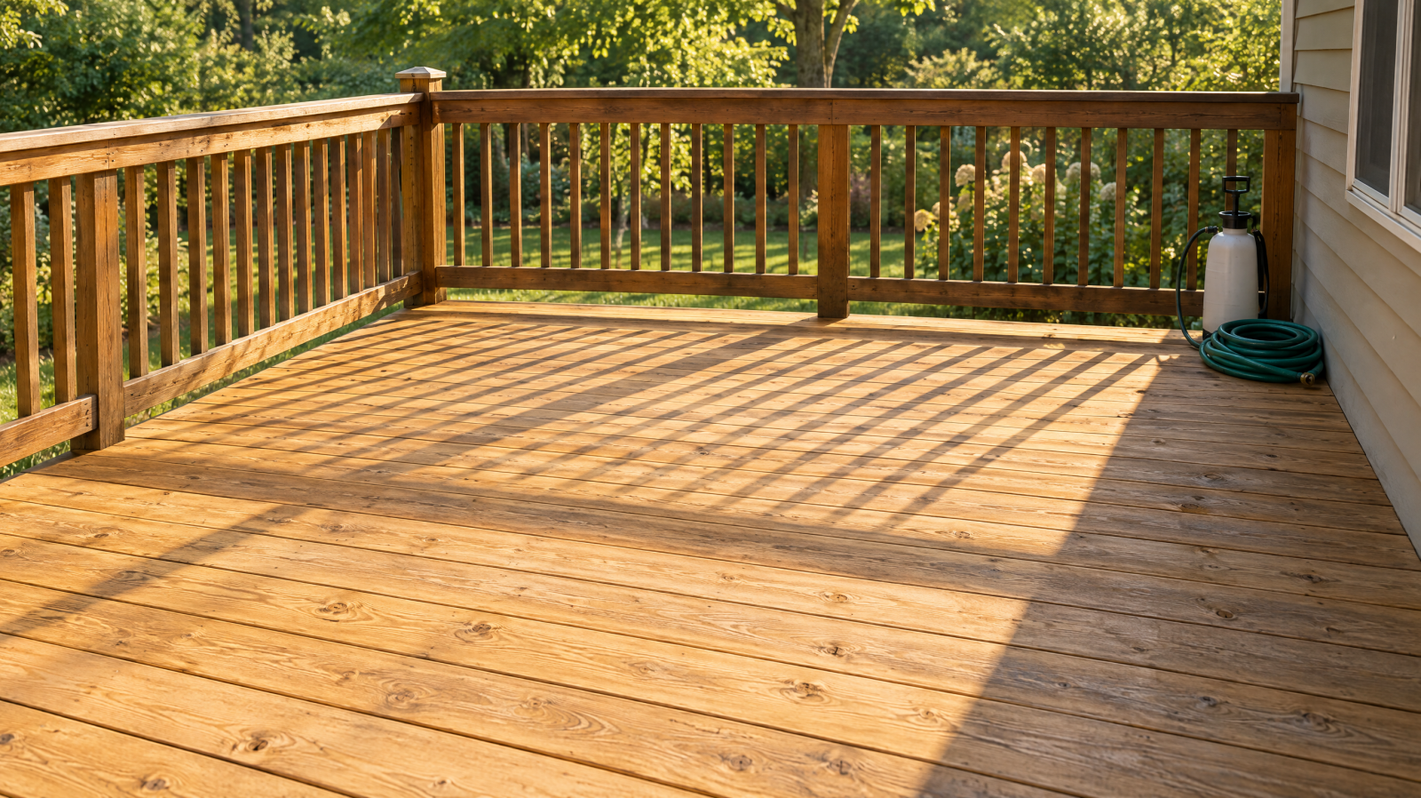 Freshly cleaned wood deck drying in late-afternoon sun, a pump sprayer and coiled hose in the corner