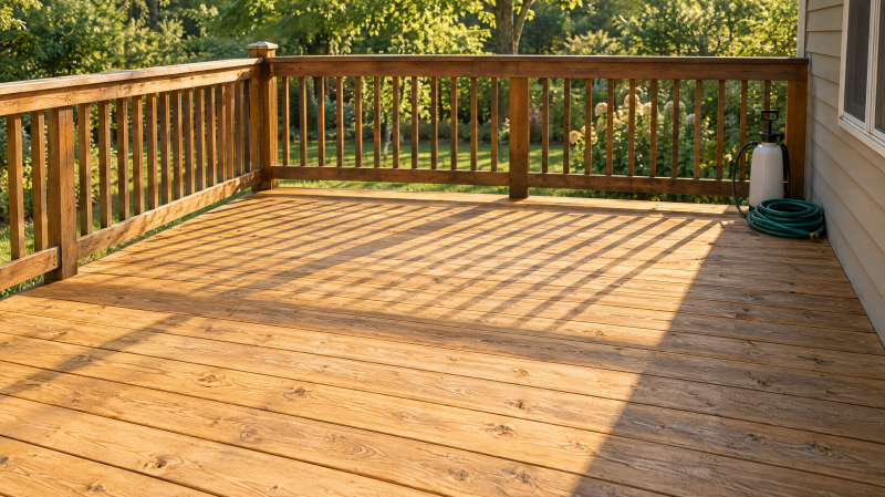 Freshly cleaned wood deck drying in late-afternoon sun, a pump sprayer and coiled hose in the corner