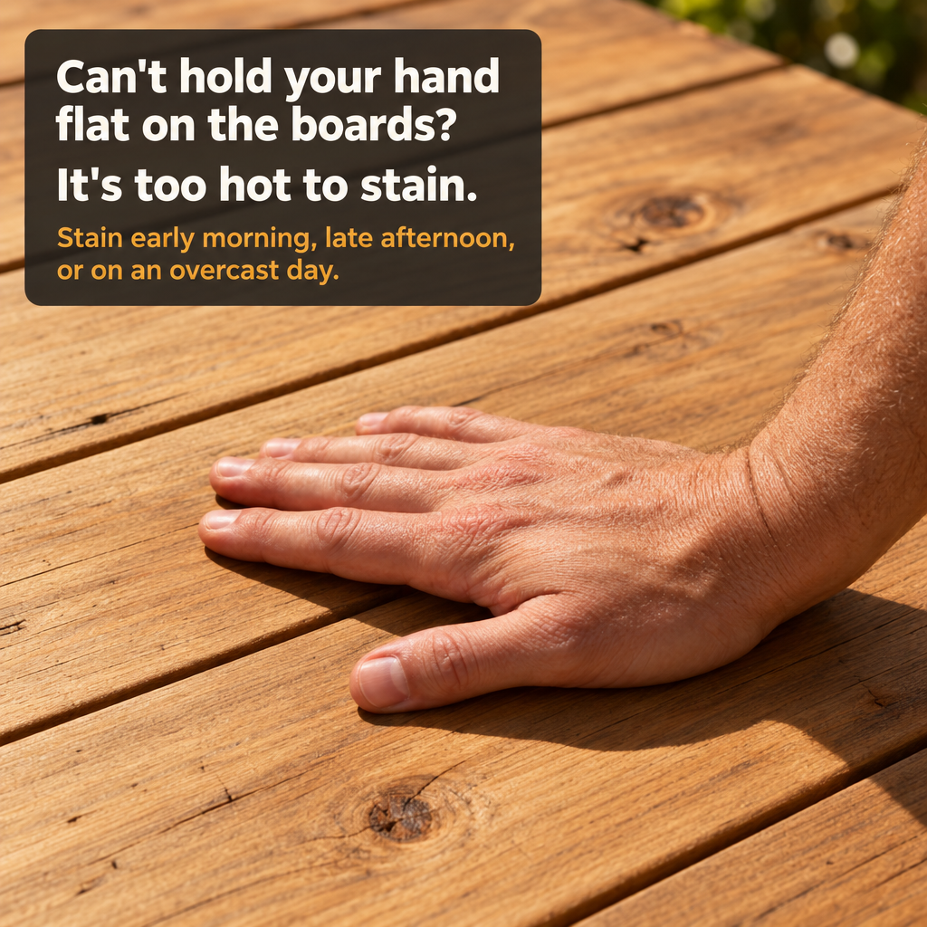 Hand resting flat on sunlit cedar deck boards beside a card: can’t hold your hand flat, it’s too hot to stain