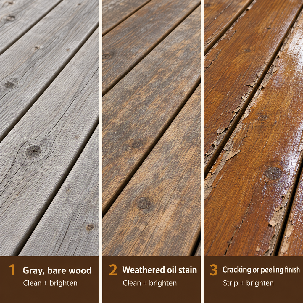 Three deck board close-ups: gray bare wood, worn oil stain and peeling finish, each labeled with the prep it needs