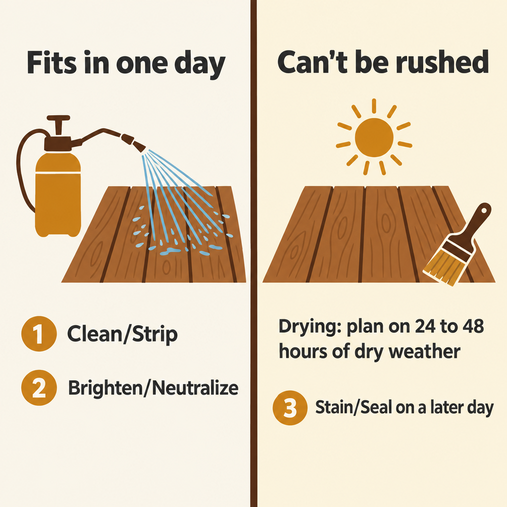 Split graphic: Clean/Strip and Brighten/Neutralize fit in one day; drying can’t be rushed, then Stain/Seal later