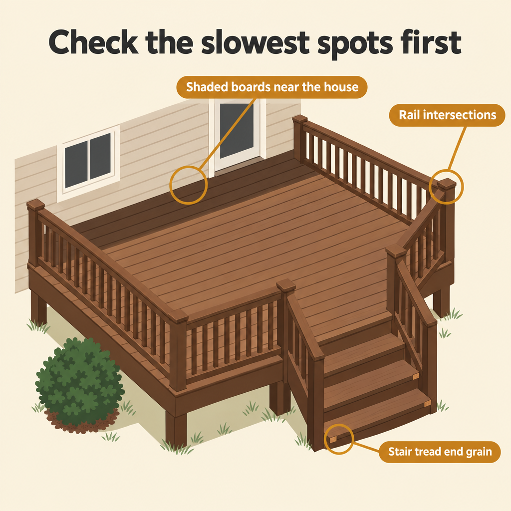 Illustrated deck with three spots marked: shaded boards near the house, rail intersections, stair tread end grain